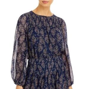 •AQUA• Desi Navy Blue Paisley Puff Sleeve Blouse Size M Bloomingdale’s Exclusive